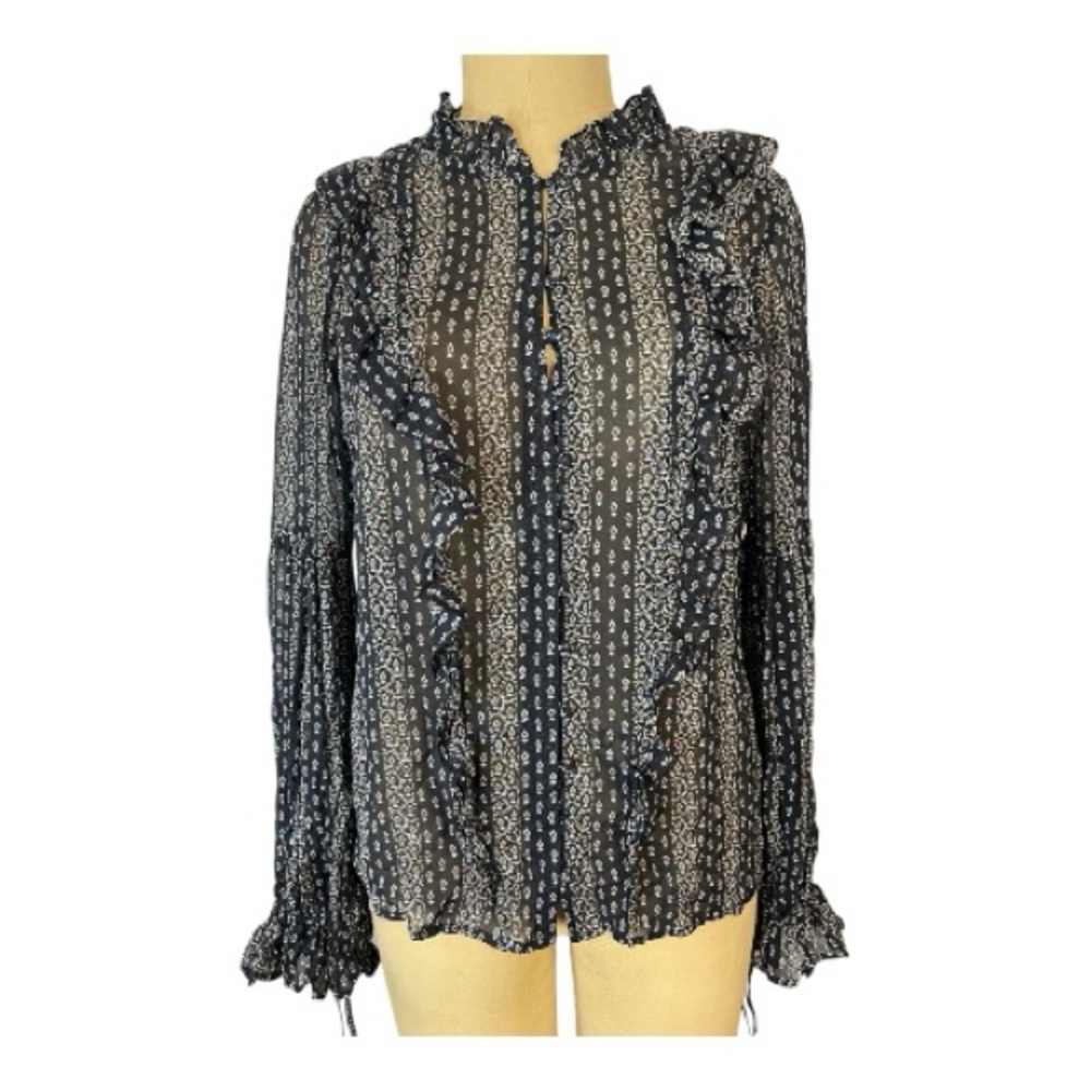 PAIGE Silk Chiffon Sheer Ruffled Floral Pattern Button up Blouse
